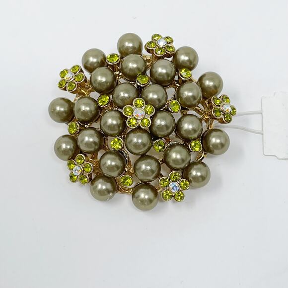 New Jokara Floral Gemstone and Beaded Brooch Pin Green Sage Gemstone - Picture 2 of 6